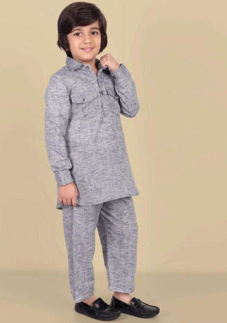 Grey Solid Silk Kurta Set For Boys - Indya