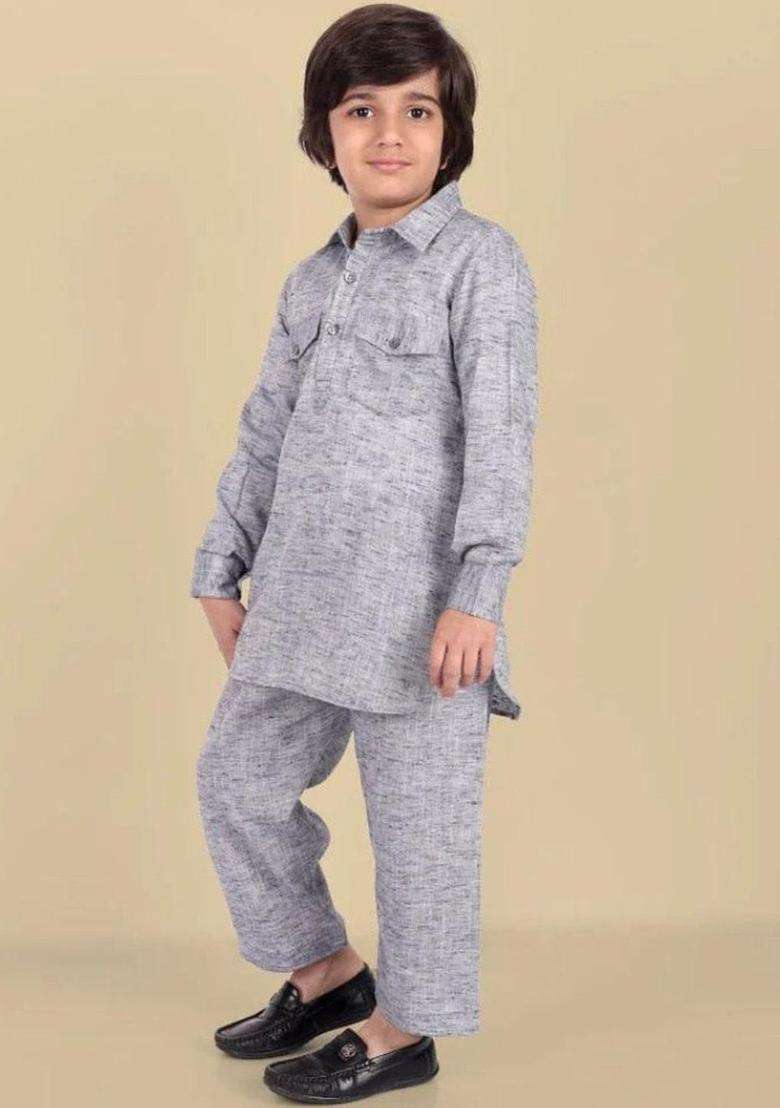 Grey Solid Silk Kurta Set For Boys - Indya