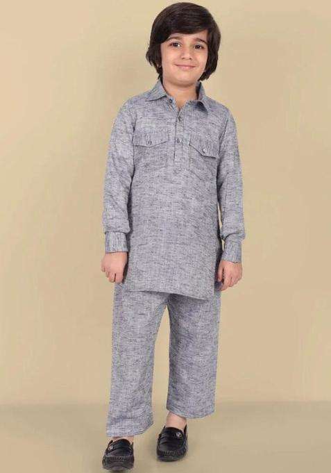 Grey Solid Silk Kurta Set For Boys