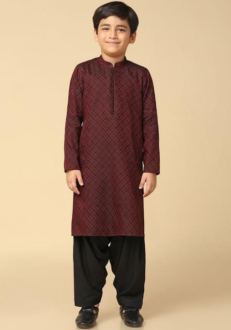 Maroon Woven Design Silk Kurta Set For Boys — view on Indya