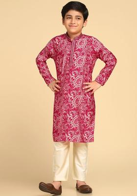 Pink Printed Cotton Kurta Set For Boys