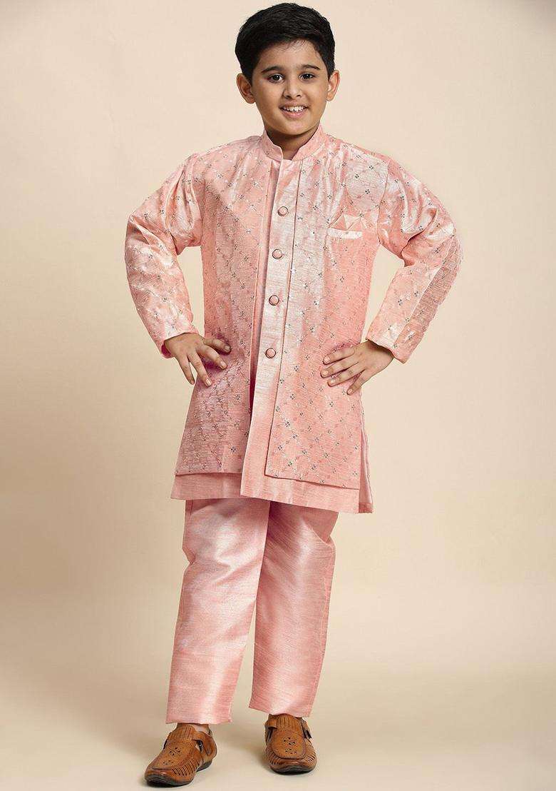 Pink Embroidered Silk Kurta Set For Boys - Indya