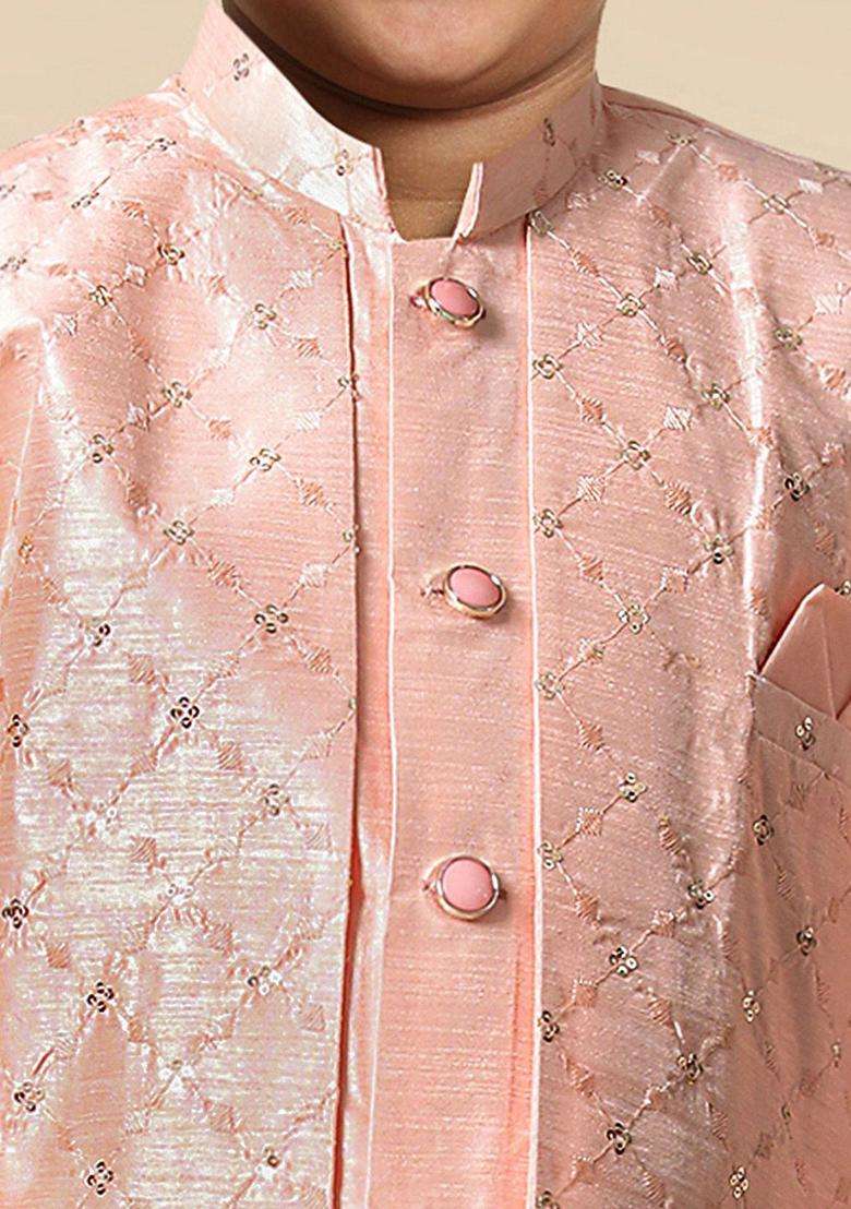 Pink Embroidered Silk Kurta Set For Boys - Indya