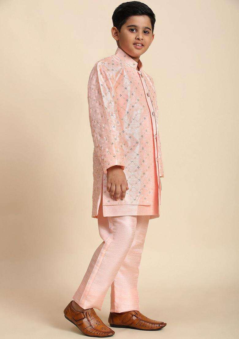 Pink Embroidered Silk Kurta Set For Boys - Indya