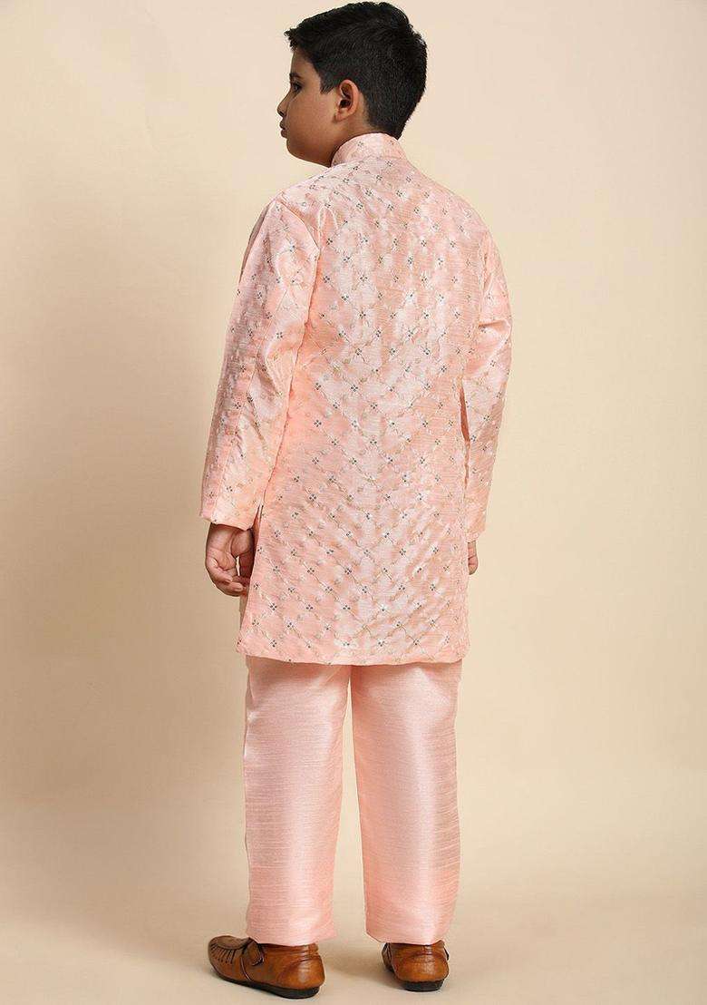 Pink Embroidered Silk Kurta Set For Boys - Indya
