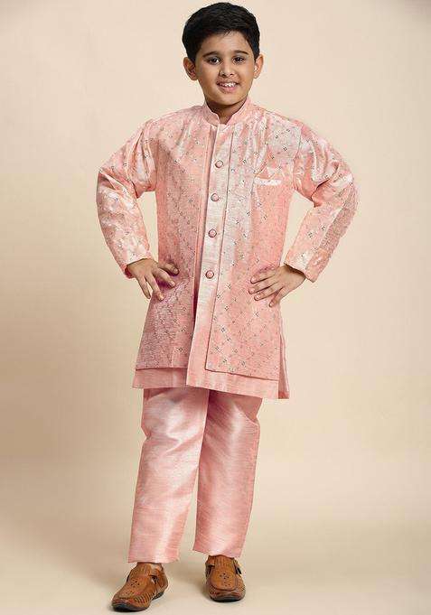 Pink Embroidered Silk Kurta Set For Boys