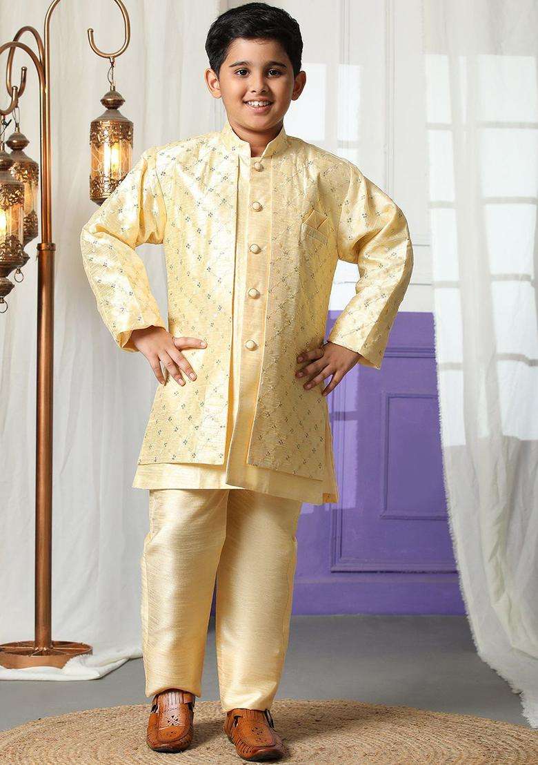 Yellow Embroidered Silk Kurta Set For Boys - Indya