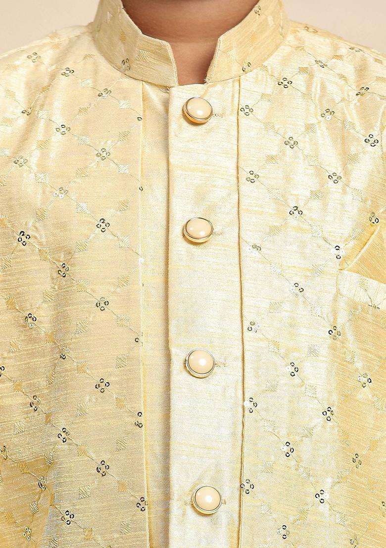 Yellow Embroidered Silk Kurta Set For Boys - Indya