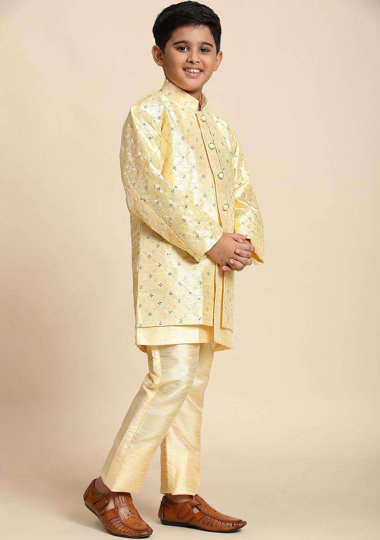 Yellow Embroidered Silk Kurta Set For Boys - Indya