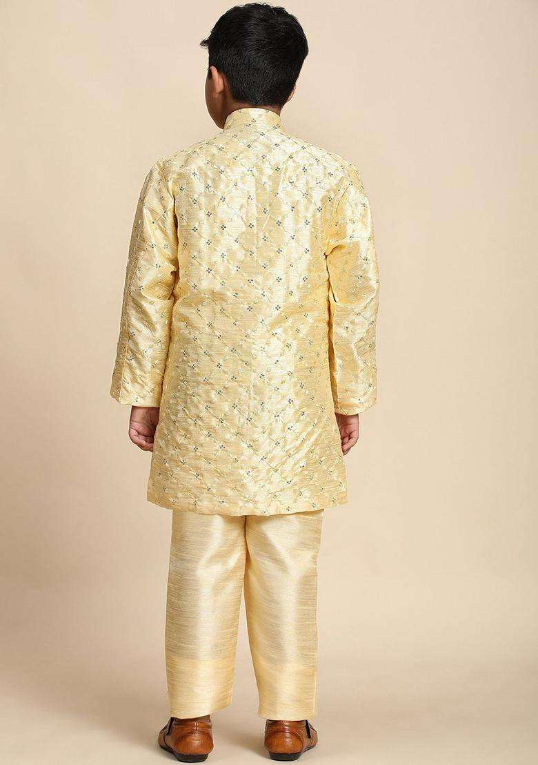 Yellow Embroidered Silk Kurta Set For Boys - Indya