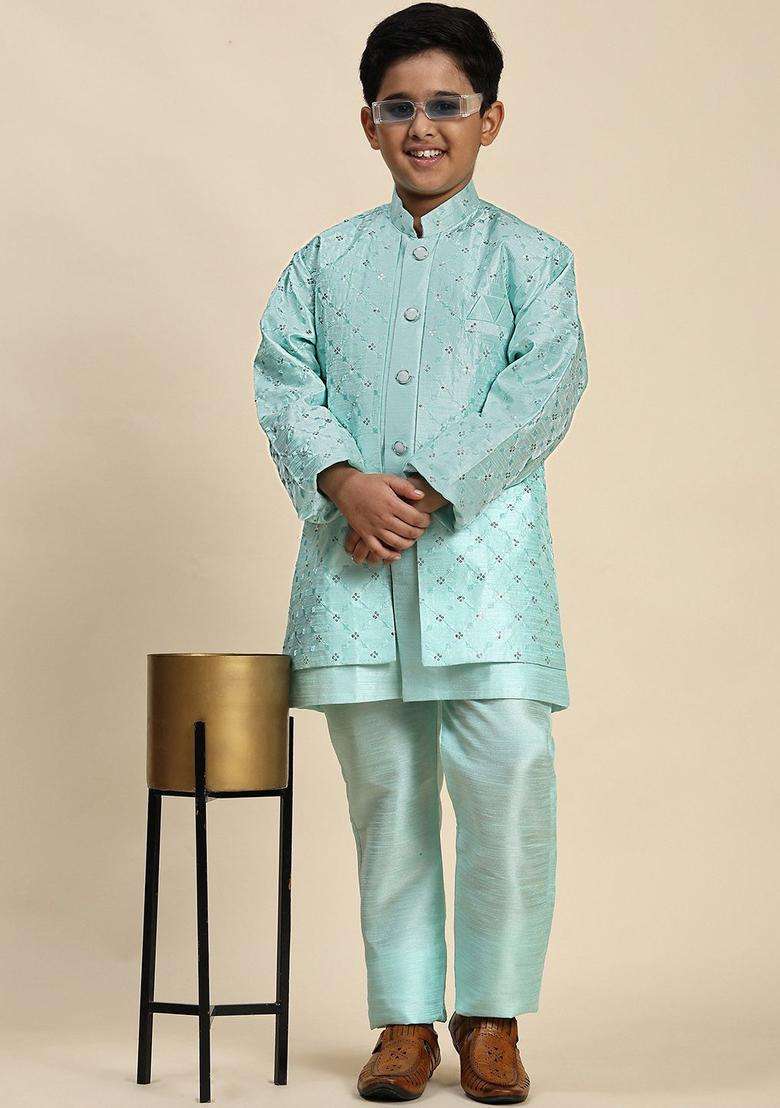 Green Embroidered Silk Kurta Set For Boys - Indya