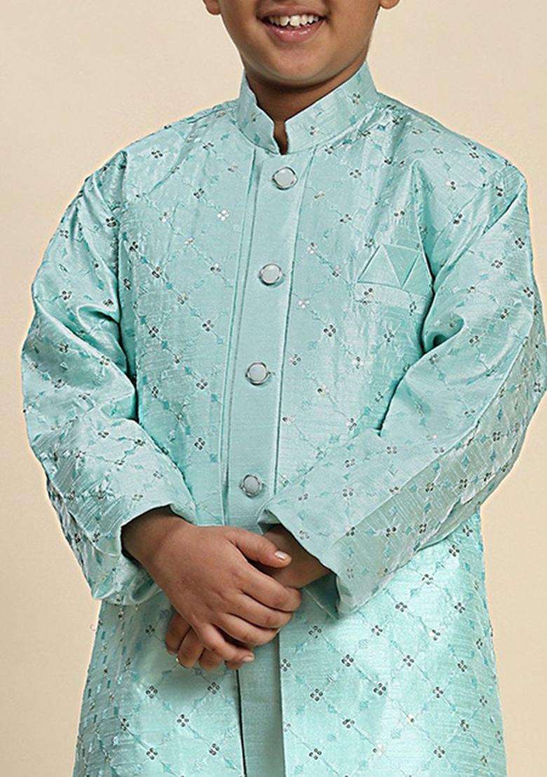 Green Embroidered Silk Kurta Set For Boys - Indya