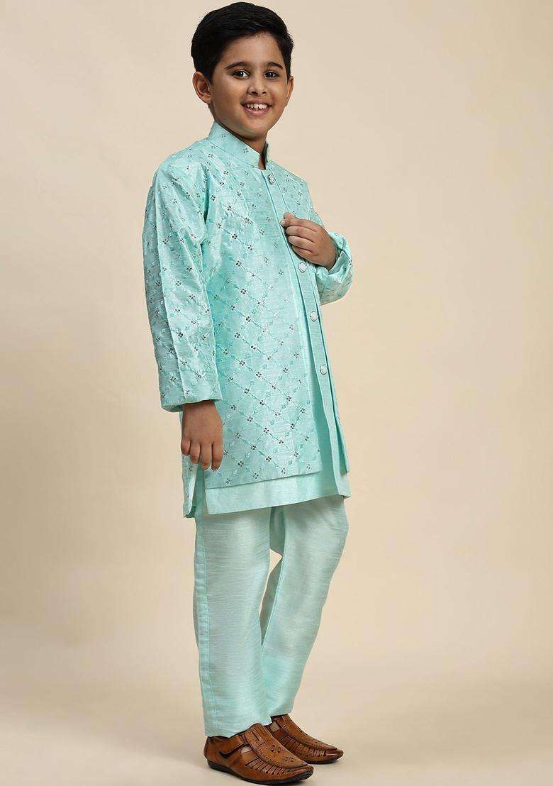 Green Embroidered Silk Kurta Set For Boys - Indya