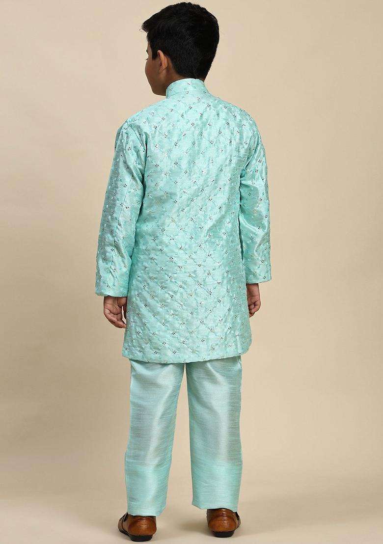 Green Embroidered Silk Kurta Set For Boys - Indya