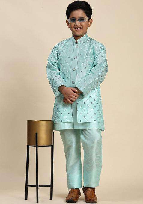 Green Embroidered Silk Kurta Set For Boys