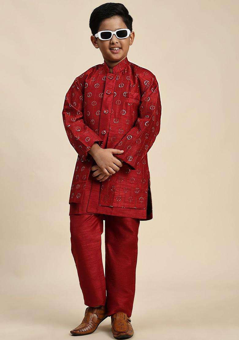 Red Self Design Silk Kurta Set For Boys - Indya