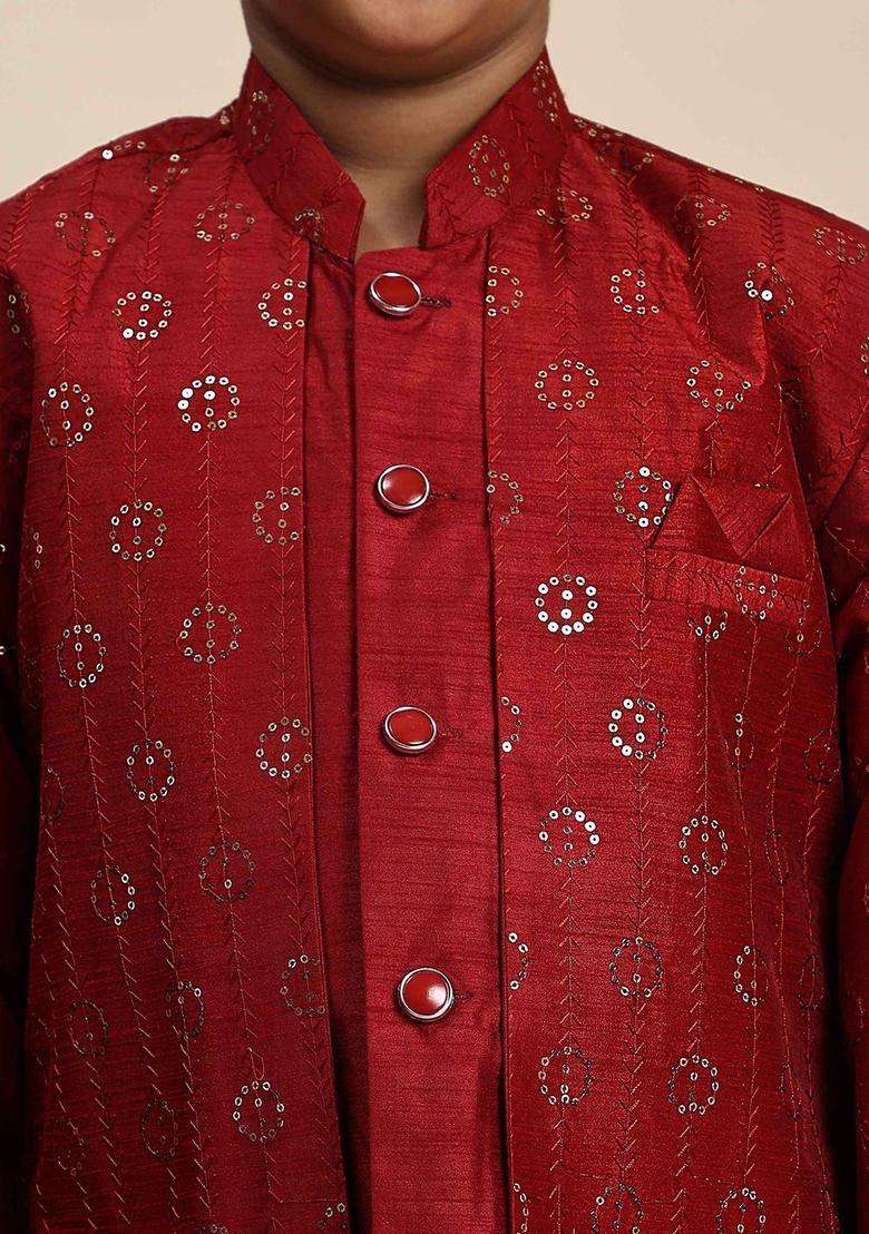 Red Self Design Silk Kurta Set For Boys - Indya