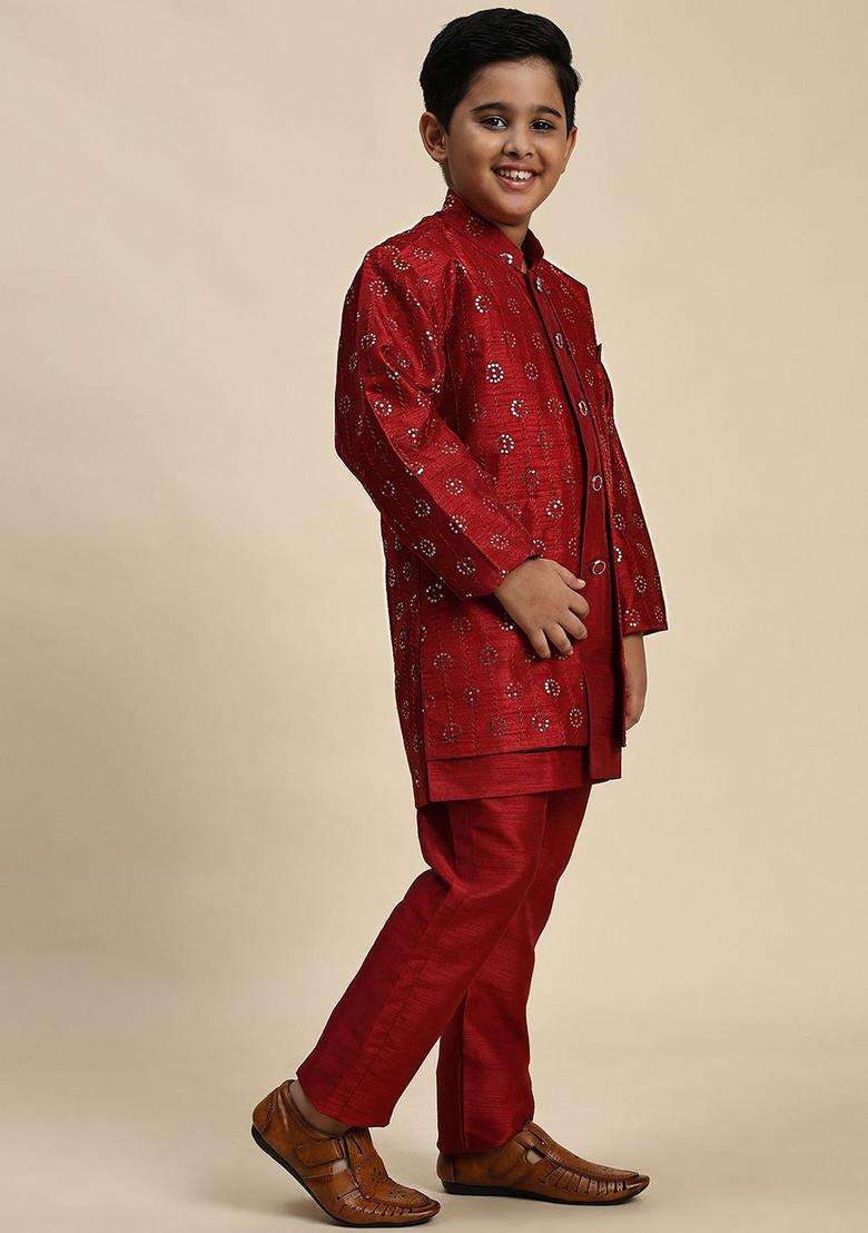 Red Self Design Silk Kurta Set For Boys - Indya