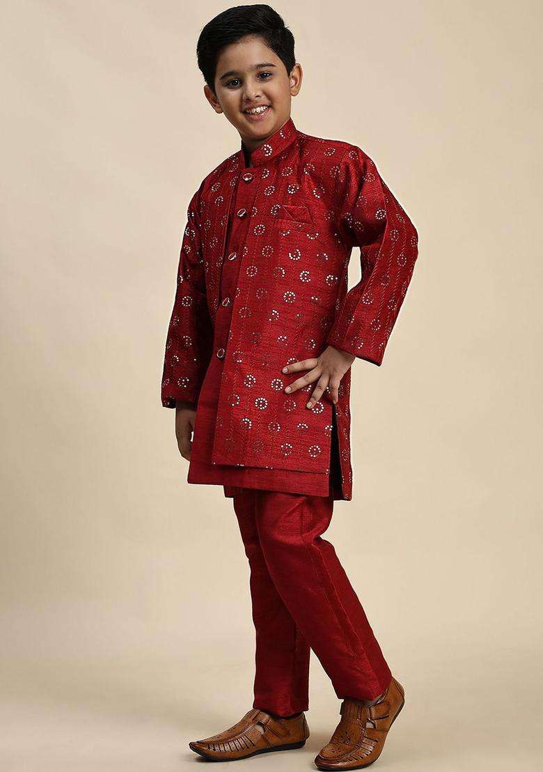 Red Self Design Silk Kurta Set For Boys - Indya