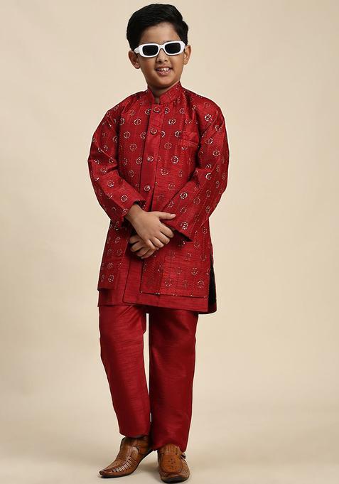 Red Self Design Silk Kurta Set For Boys — view on Indya