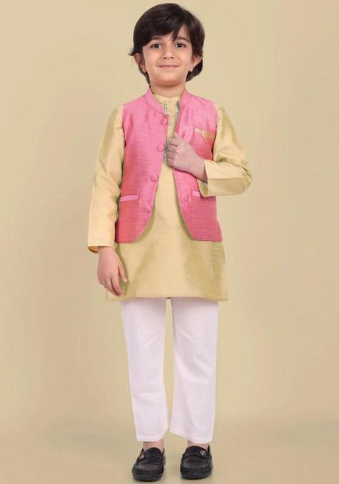 Beige Solid Silk Kurta Set For Boys — view on Indya