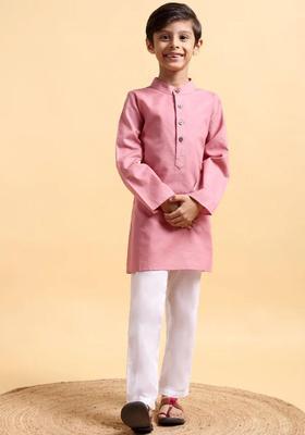 Pink Solid Cotton Kurta Set For Boys