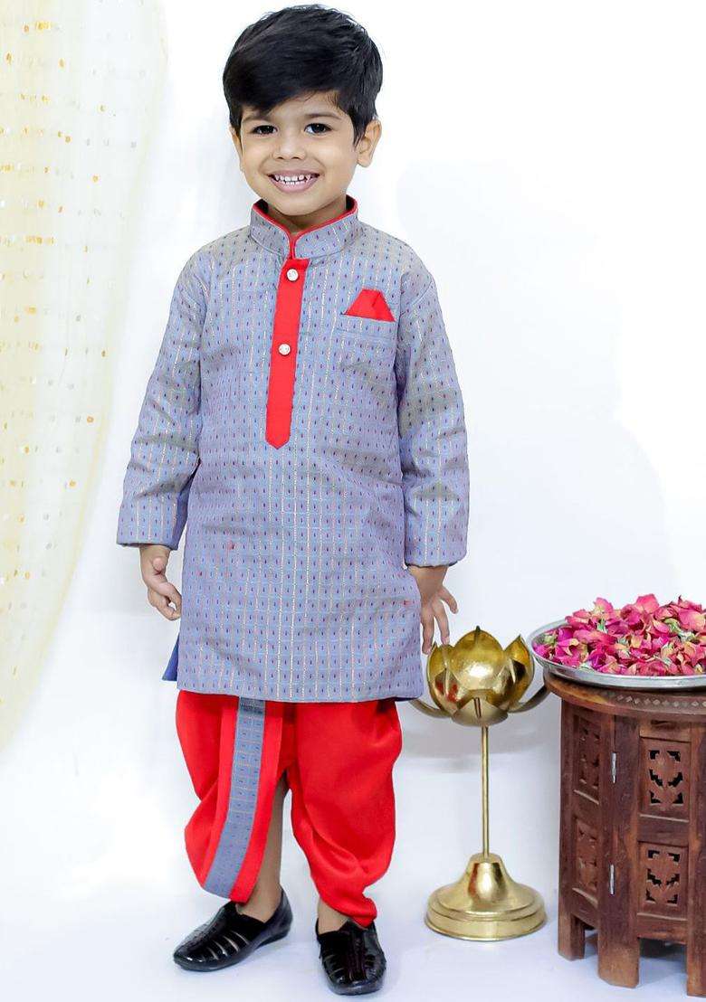 Grey Embroidered Silk Kurta Set For Boys - Indya
