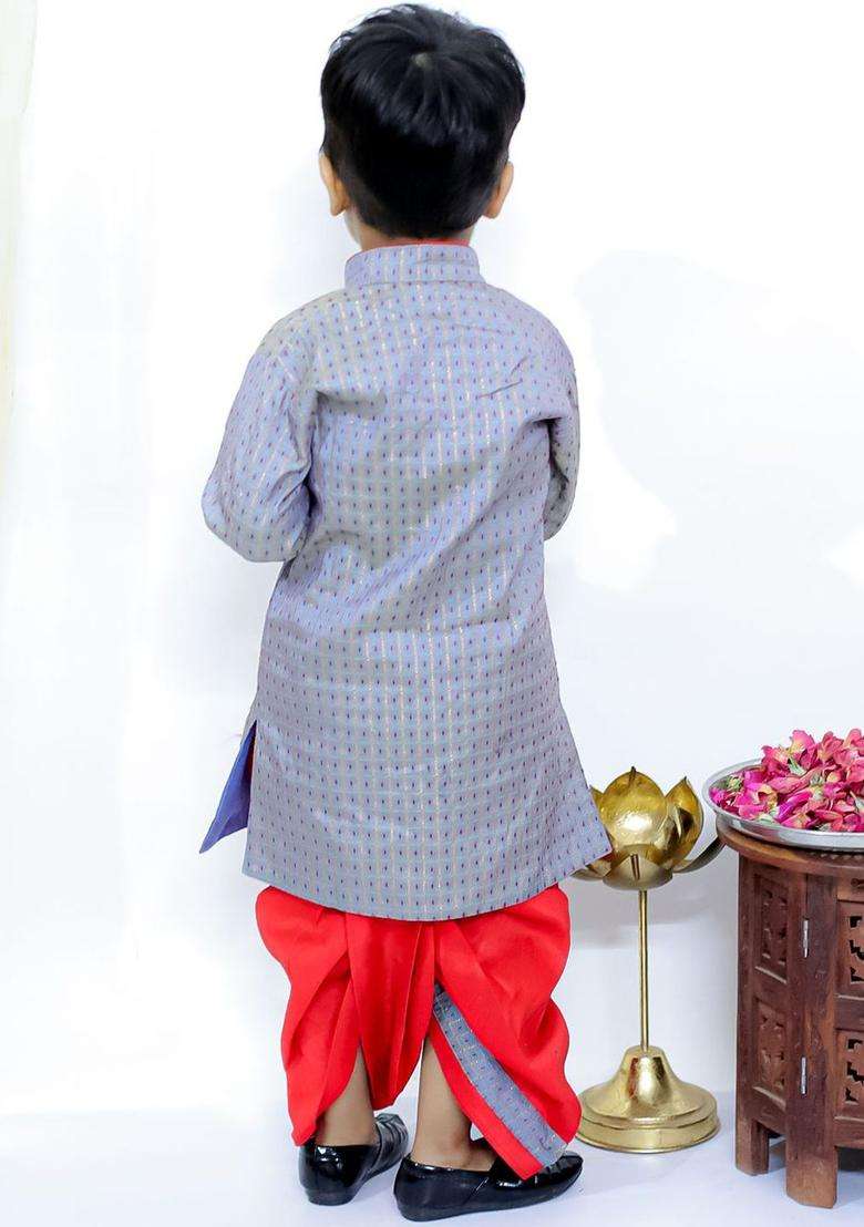 Grey Embroidered Silk Kurta Set For Boys - Indya