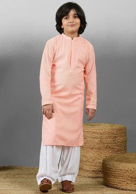 Pink Embroidered Cotton Kurta Set For Boys