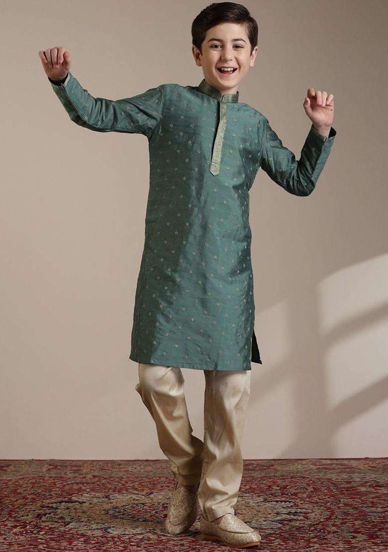 Olive Embroidered Viscose Kurta Set For Boys - Indya