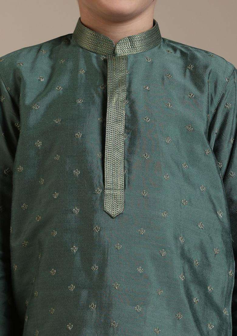 Olive Embroidered Viscose Kurta Set For Boys - Indya
