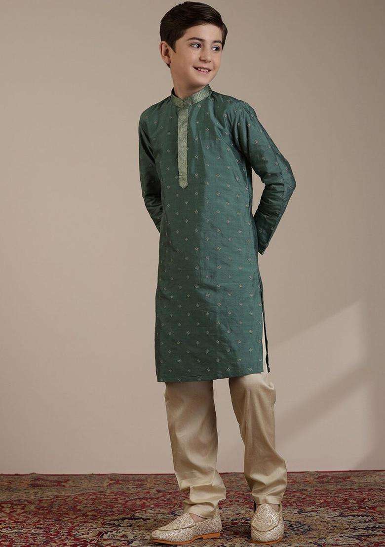 Olive Embroidered Viscose Kurta Set For Boys - Indya