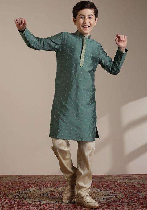 Olive Embroidered Viscose Kurta Set For Boys