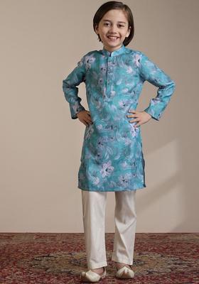 Turquoise Blue Printed Viscose Kurta Set For Boys