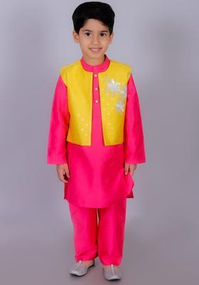 Pink Embroidered Polyester Kurta Set For Boys
