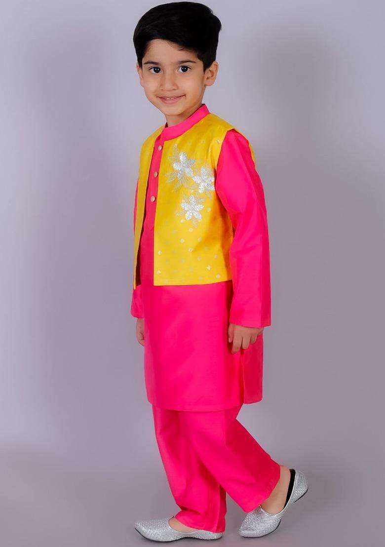 Pink Embroidered Polyester Kurta Set For Boys - Indya
