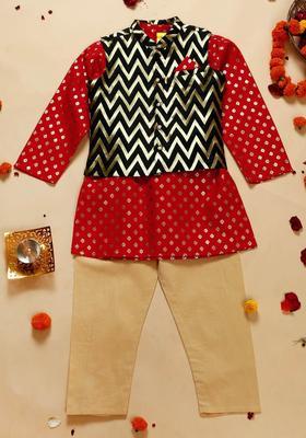 Red Printed Silk Kurta Set For Boys