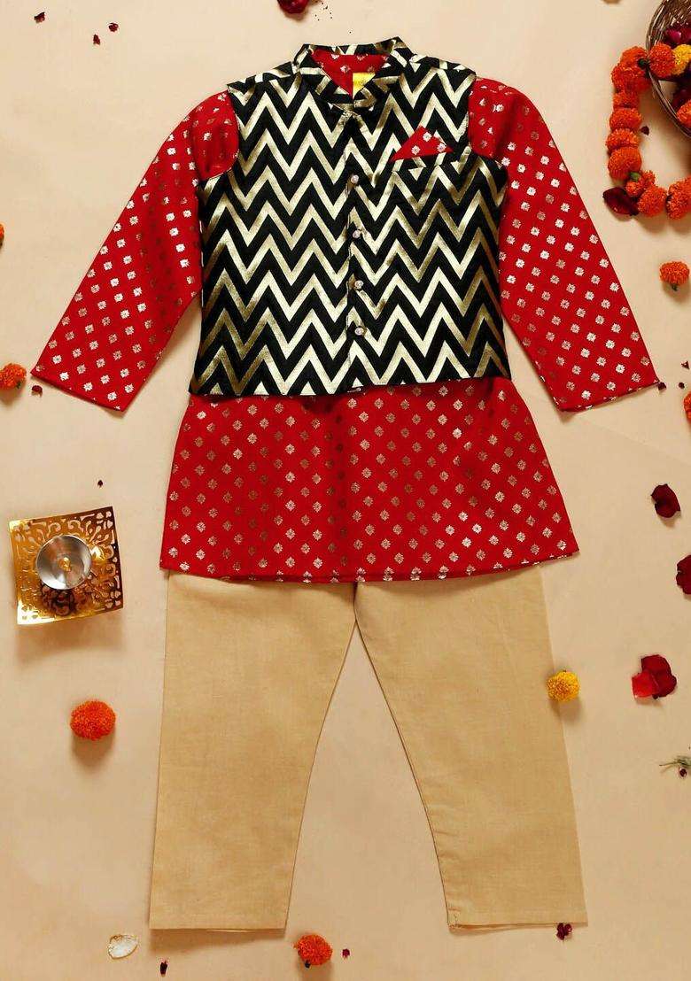 Red Printed Silk Kurta Set For Boys - Indya