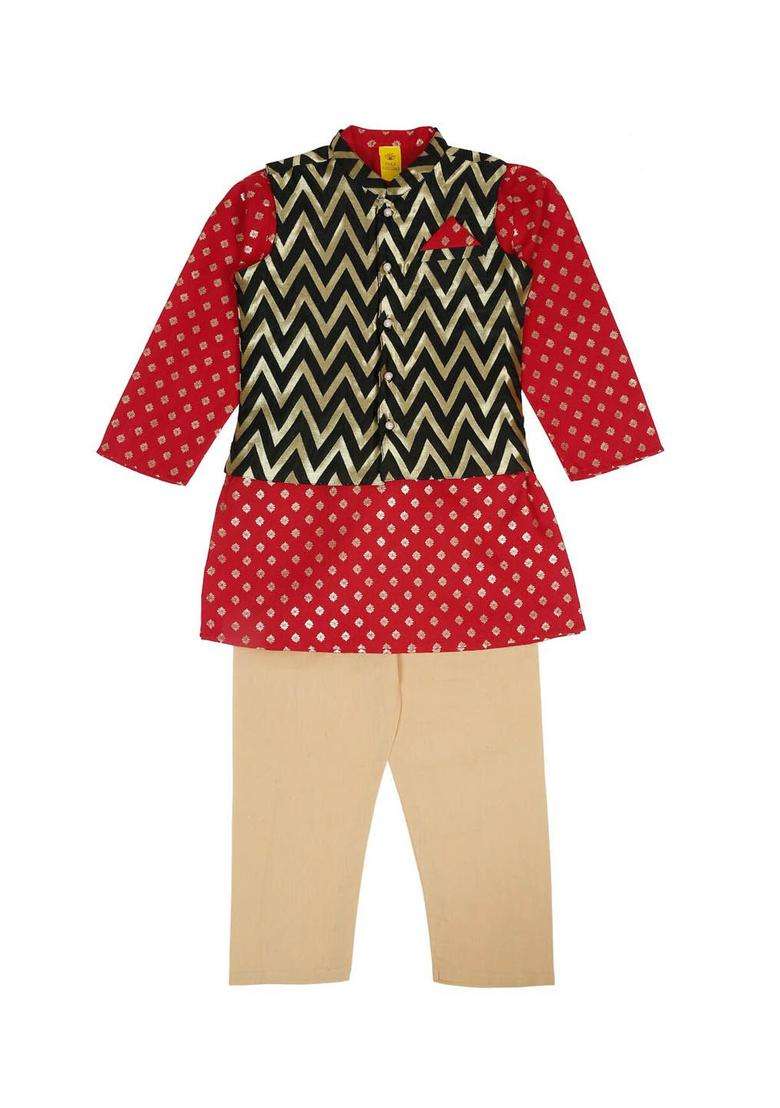 Red Printed Silk Kurta Set For Boys - Indya