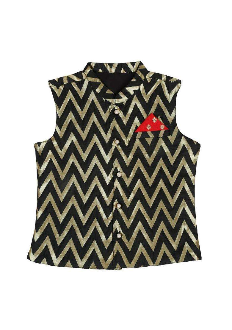 Red Printed Silk Kurta Set For Boys - Indya
