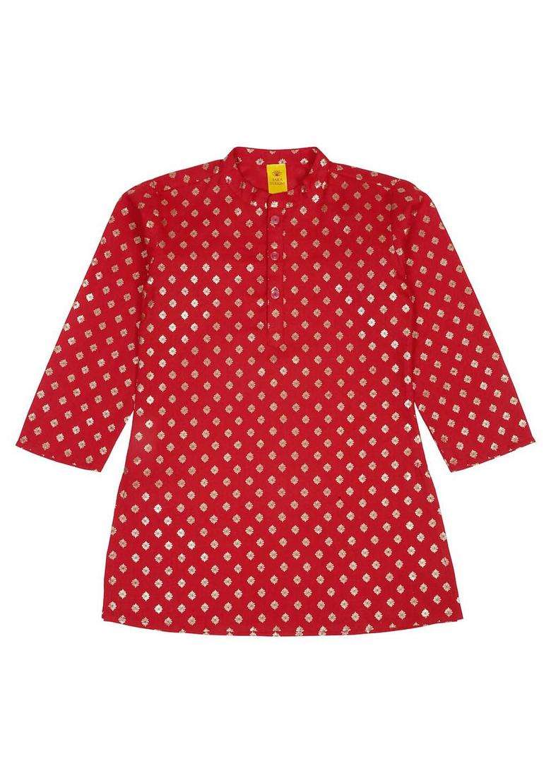Red Printed Silk Kurta Set For Boys - Indya