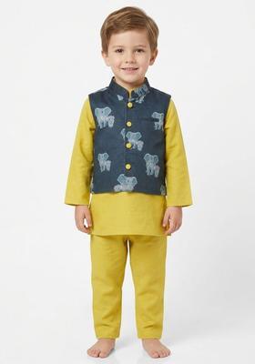 Olive Printed Cotton Kurta Set For Boys