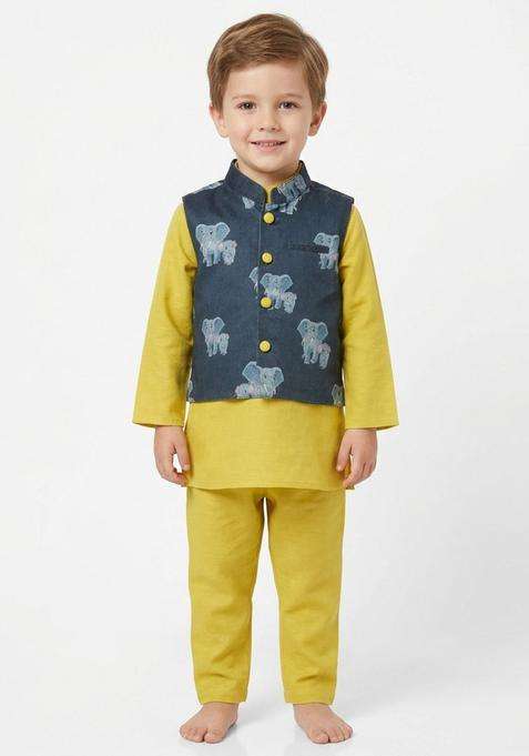 Olive Printed Cotton Kurta Set For Boys