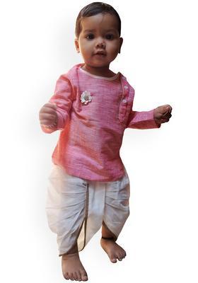 Pink Solid Cotton Kurta Set For Boys