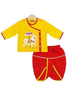 Yellow Printed Cotton Kurta Set For Boys