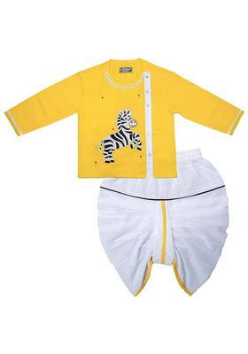 Yellow Embroidered Cotton Kurta Set For Boys