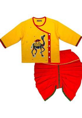 Yellow Embroidered Cotton Kurta Set For Boys