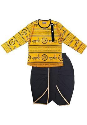 Yellow Printed Cotton Kurta Set For Boys