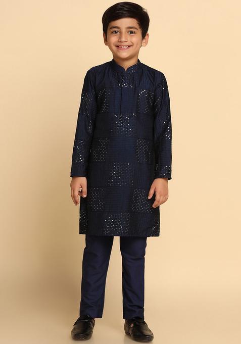 Navy Blue Embroidered Cotton Kurta Set For Boys — view on Indya