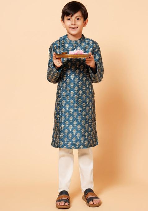 Teal Printed Polyester Kurta Set For Boys — view on Indya